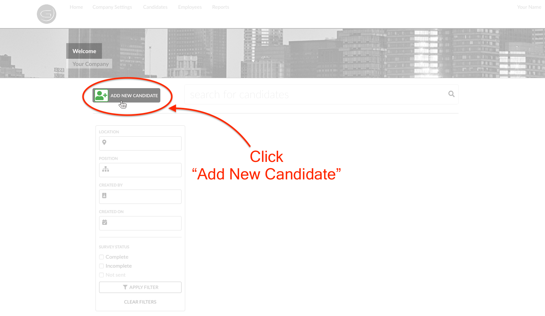 screenshot of candidates page with arrow pointing at Add new Candidate saying click on add new candidate