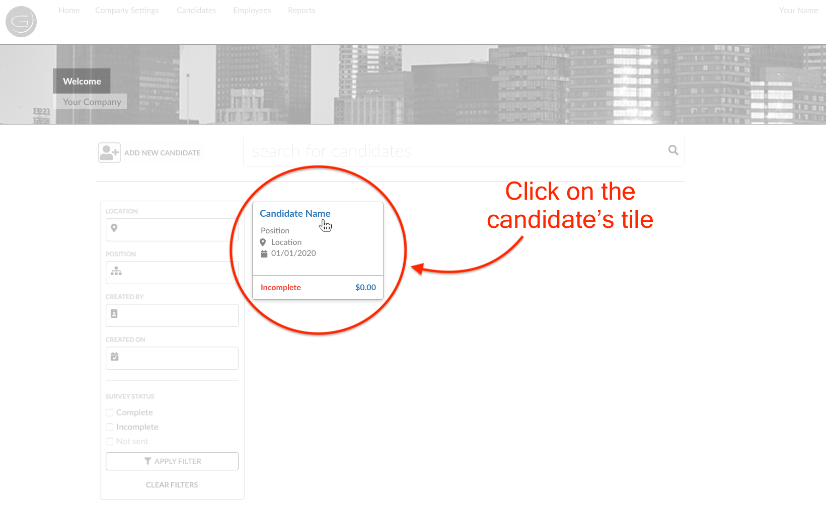 screenshot of candidates page with arrow pointing at candidate name card saying click on the candidate's tile