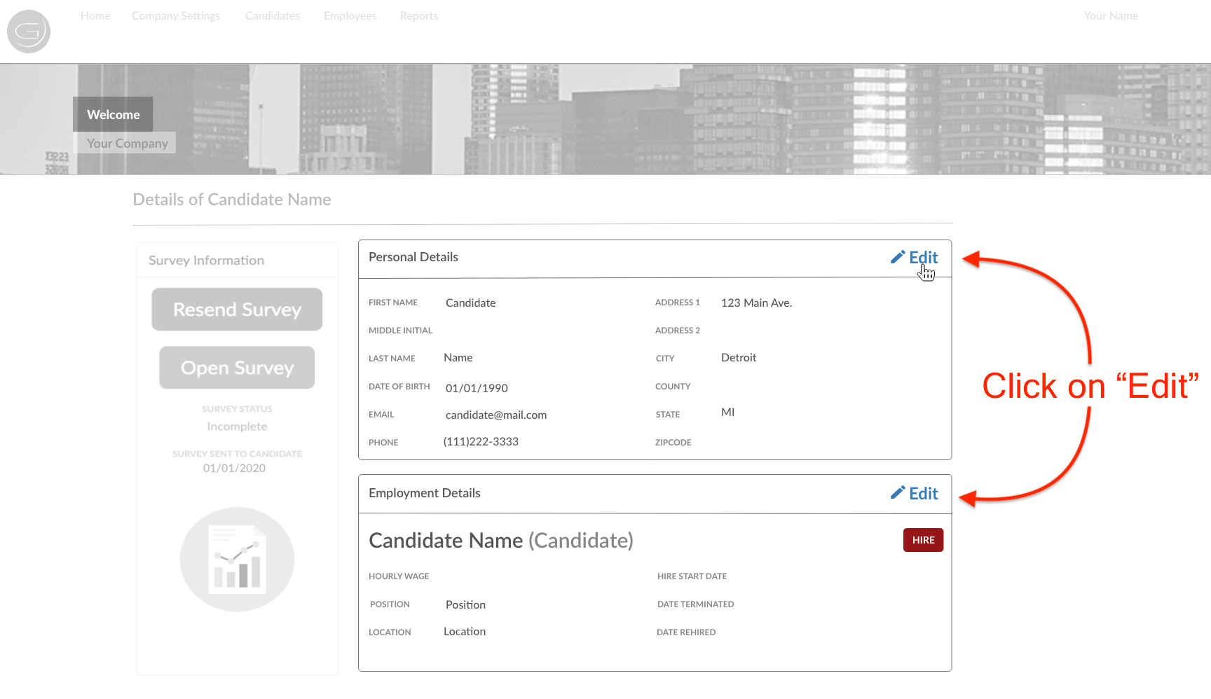 screenshot of candidate detials page with arrows pointing at the edit buttons saying click edit