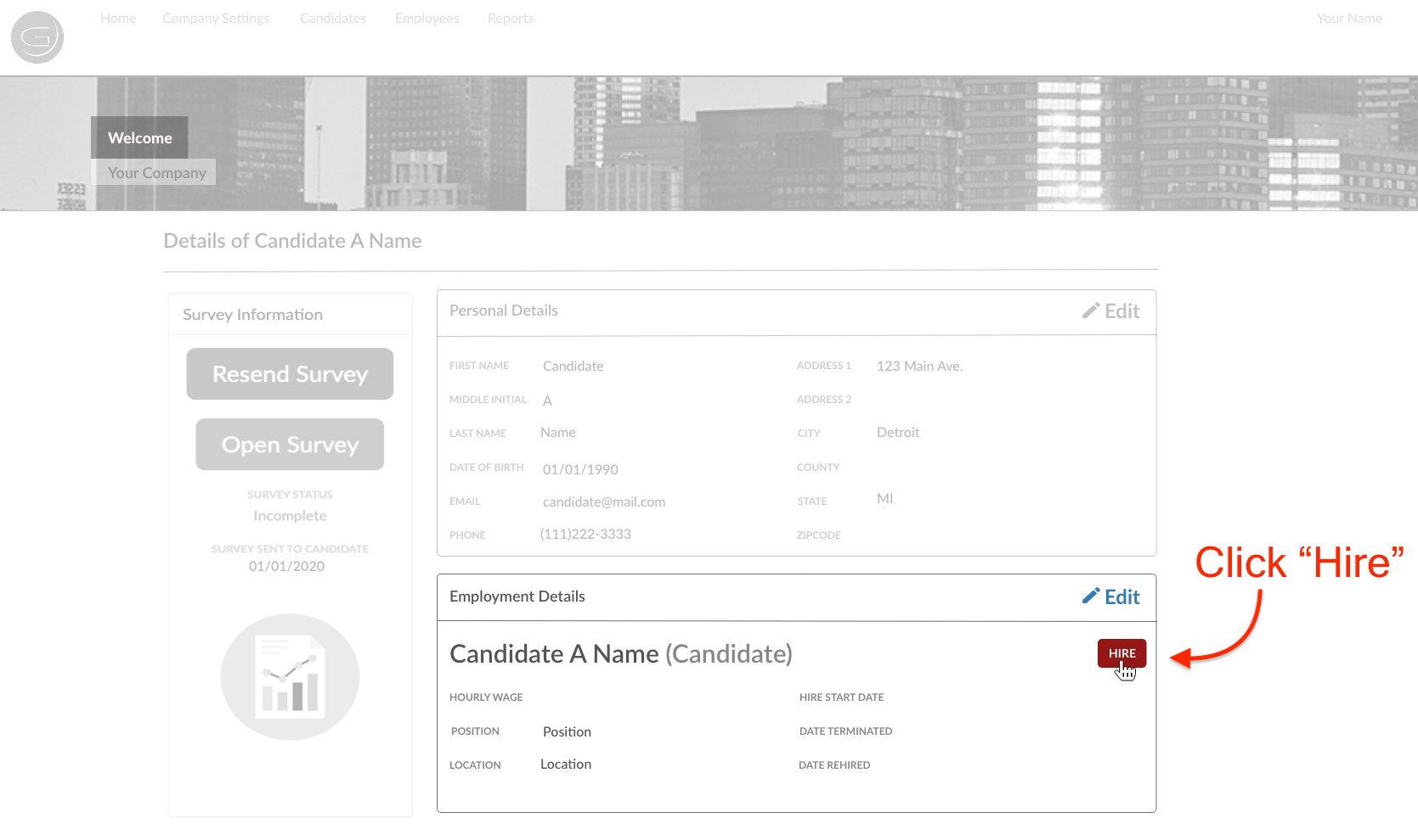 screenshot of candidate detials page with an arrow pointing at the hire button saying click hire