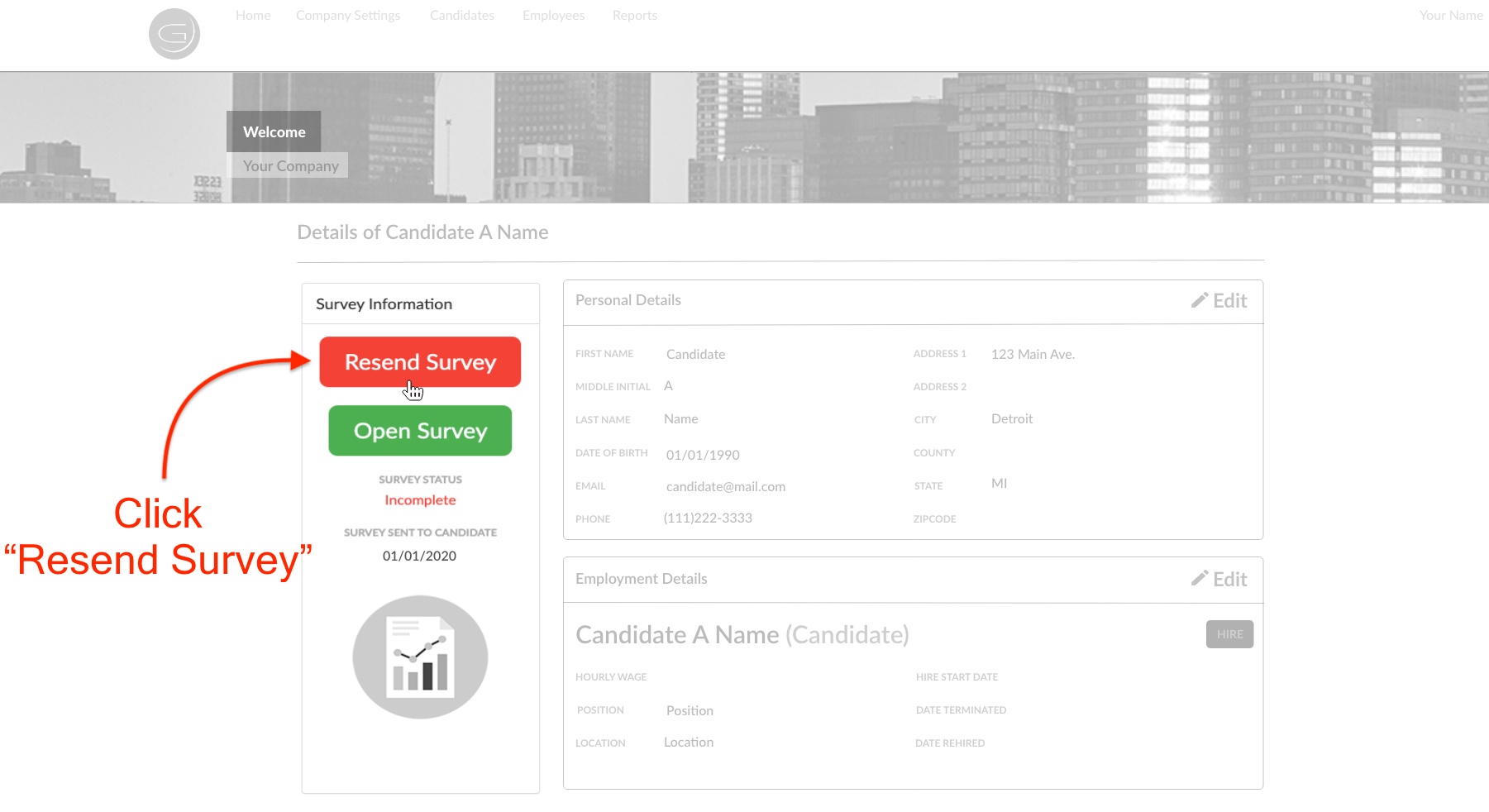 screenshot of candidate detials page with an arrow pointing at the resend survey button saying click resend survey