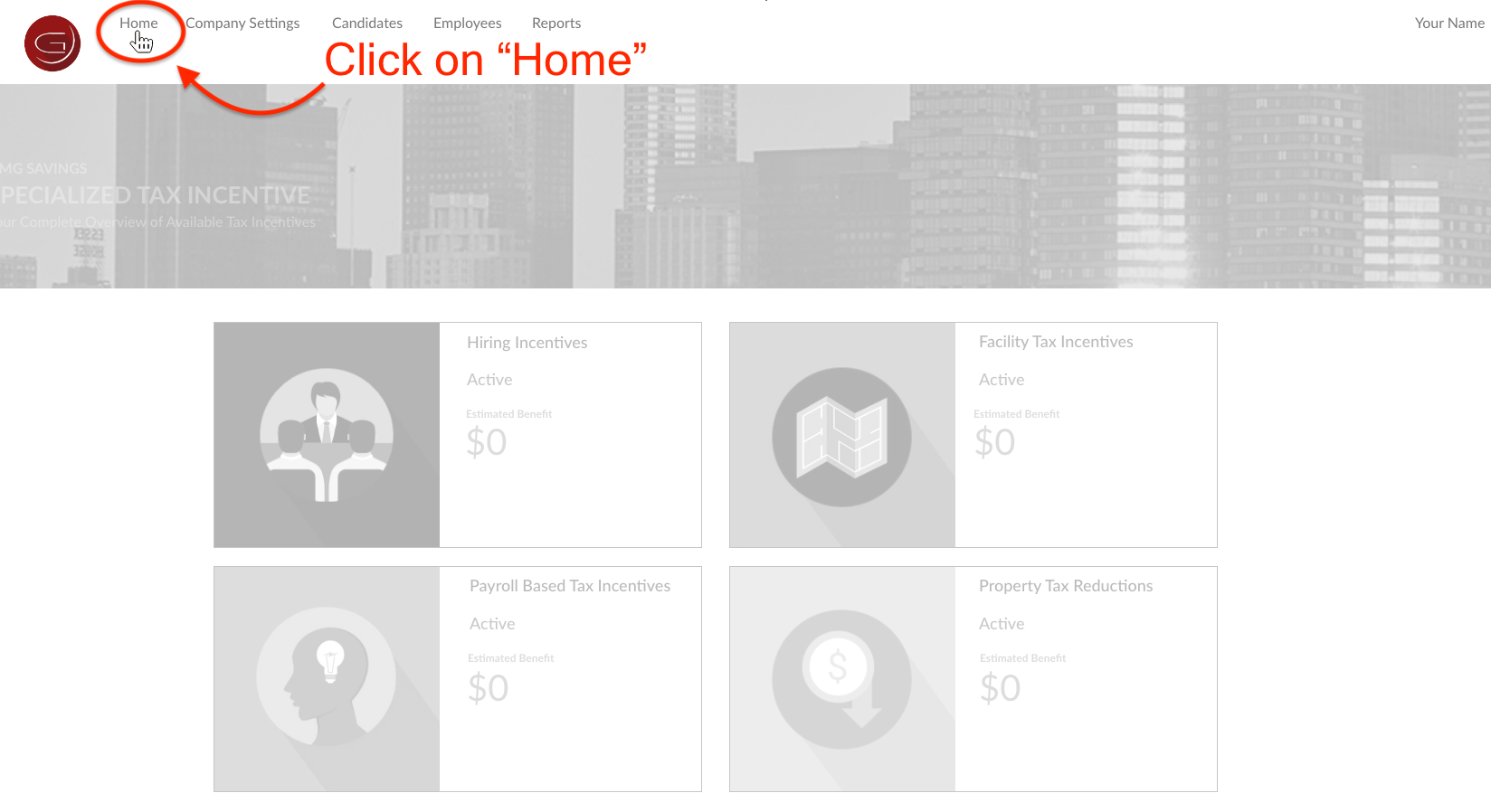 screenshot of with arrow pointing at home in navigation menu saying click on home
